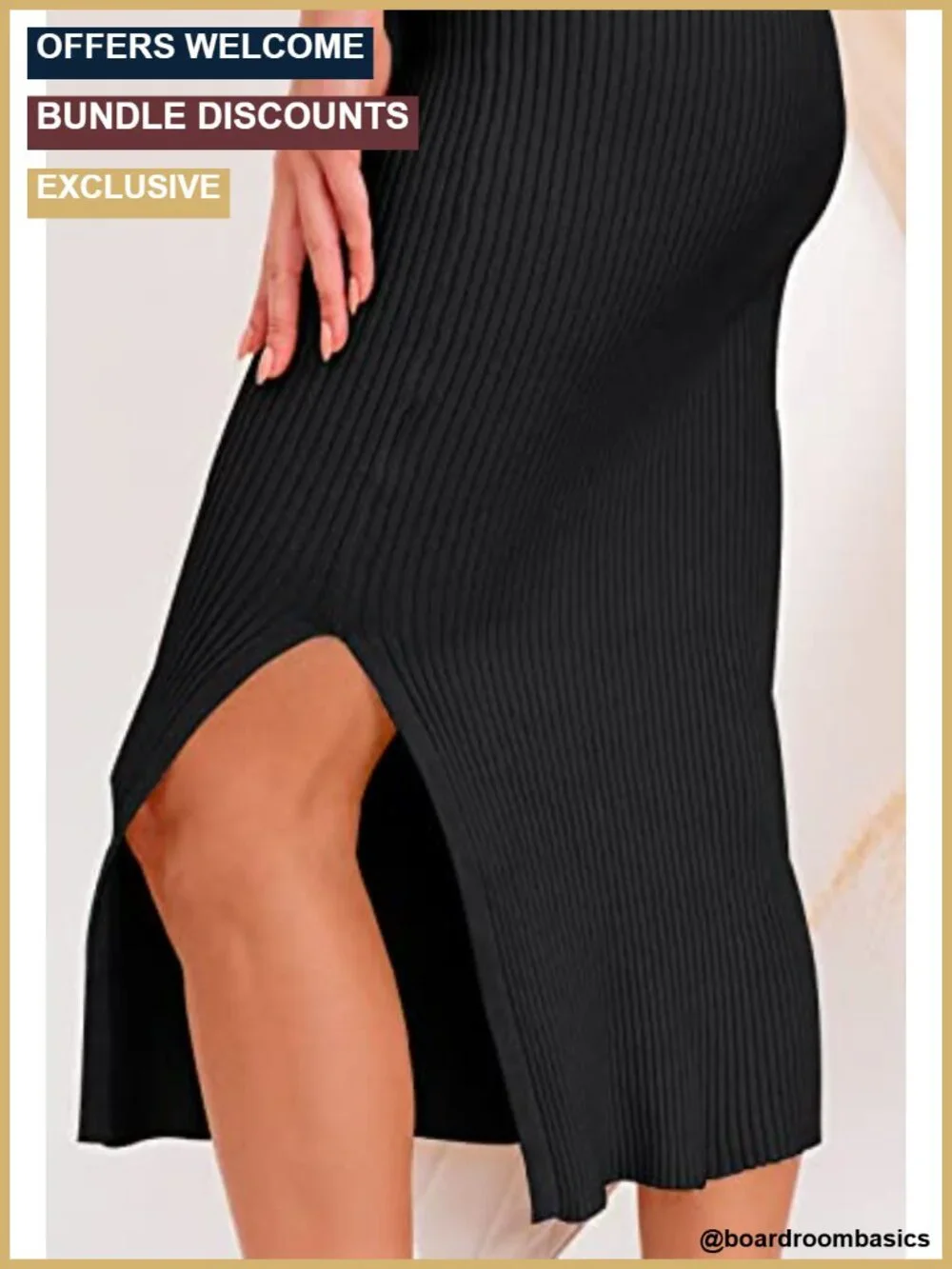 Midi Pencil Bodycon Skirt Split Side Stretchy Ribbed Knit High Elastic Waist